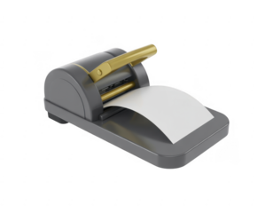 Gray paper shredder with gold handle and white paper isolated on a transparent background