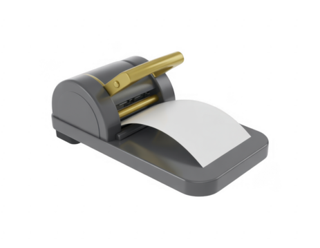 Gray paper shredder with gold handle and white paper isolated on a transparent background