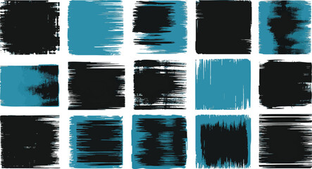 Grunge Brush Stroke Boxes - Abstract Paint Splatter Texture Set in Black and Teal Blue