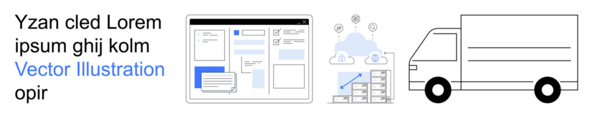 E-commerce, cloud computing, logistics, delivery services, technology integration, workflows. Digital interface, cloud storage symbols chart and delivery truck. E-commerce and logistics services