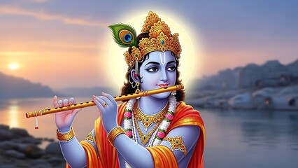 Hindu Lord Krishna Playing Flute in Serene River Sunset Scene