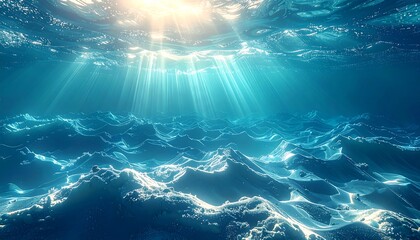 Submerged view with rays of sunlight piercing the deep ocean