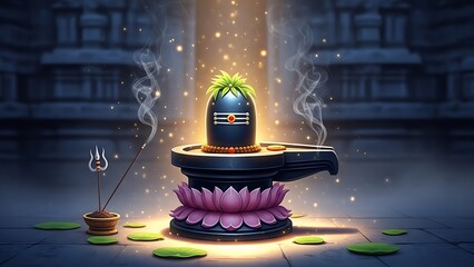 Hindu Shiva Lingam Worship Scene with Lotus Flower and Incense Smoke in Sacred Temple