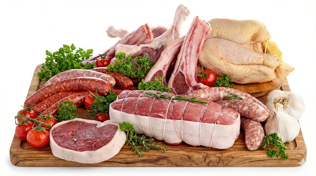 Abundant assortment of fresh raw meats including lamb chops chicken sausages and beef roast on wooden board