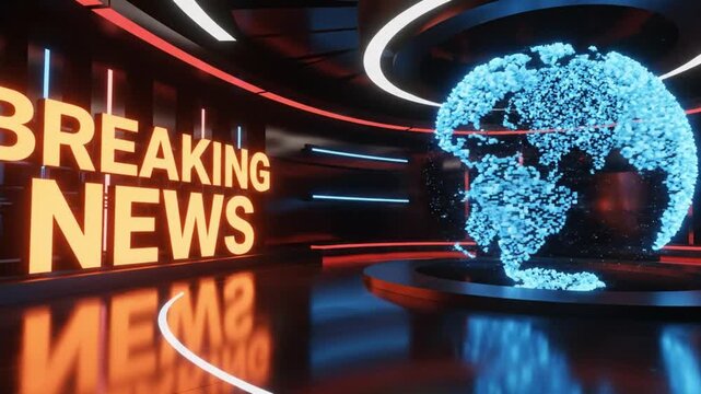 Breaking news studio set with dynamic earth globe visualization, perfect for news broadcasts, global updates, and urgent announcements