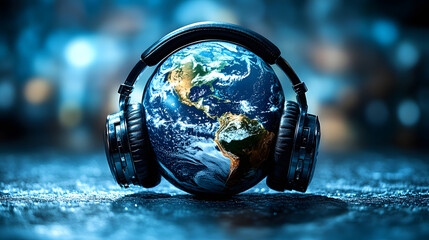 Earth with headphones showcases the unity of music and global connection in a vibrant digital setting