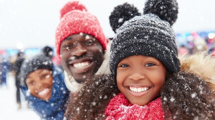 A happy Black family enjoying the snow together. A single father and his two children. Kids is bliss. A Brown skin girl with her father and mother