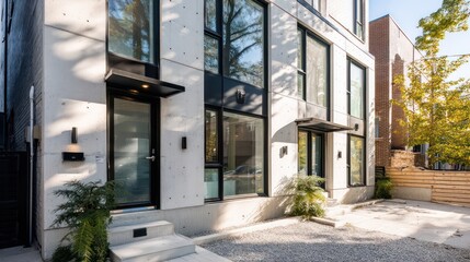 Narrow townhouse with white concrete and black steel window frames side-lit with crisp morning sunlight casting long angular