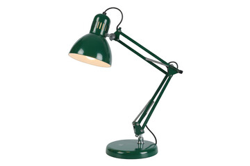 Green articulated desk lamp with adjustable arm and illuminated bulb isolated on a transparent background
