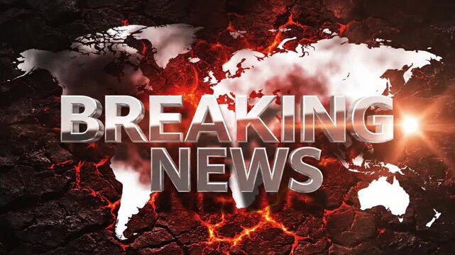 Urgent breaking news report with global implications, volcanic eruption background, perfect for news channel promos and current events broadcasting