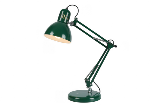 Green articulated desk lamp with adjustable arm and illuminated bulb isolated on a transparent background
