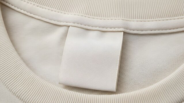 Close up of a blank white fabric clothing label sewn into the neckline of a soft cotton t shirt for customization