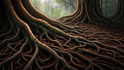 Magnificent Large Tree Roots in Dense Forest with Sunlight Filtering Through Leaves
