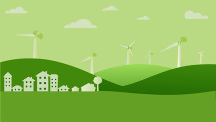 Naklejka premium Green landscape with wind turbines, houses, and clouds in a simple, flat vector illustration style
