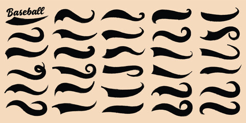 Swoosh and swash typography tails shape. Underline retro swoop wave line for athletic tshirt. Vector strockes set. Vector black sport tails. Swoosh silhouette elements for baseball, football or athlet