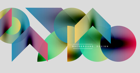 Abstract shapes overlap, creating vibrant color gradients. Modern design elements suggest dynamic movement, smooth transitions. Background is light gray.