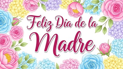 Mother's Day Floral Greeting Card with Pink Blue Yellow Flowers and Elegant Text