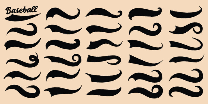 Swoosh and swash typography tails shape. Underline retro swoop wave line for athletic tshirt. Vector strockes set. Vector black sport tails. Swoosh silhouette elements for baseball, football or athlet