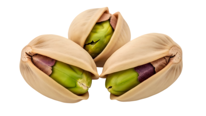 Three pistachios in shells close up isolated on transparent background