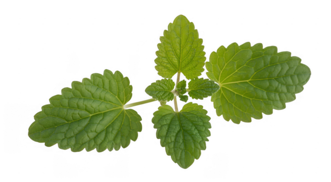 Green lemon balm plant leaves with serrated edges and visible veins isolated on a transparent background