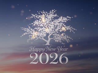 A luminous white tree adorned with sparkling lights stands against a gradient twilight sky celebrating the arrival of the new year 2026