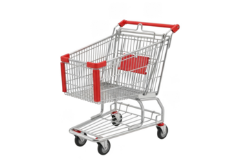 Empty metal shopping cart with red accents, isolated on transparent background