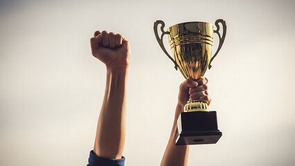Victorious person raising golden trophy and fist in triumph