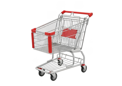 Empty metal shopping cart with red accents, isolated on transparent background