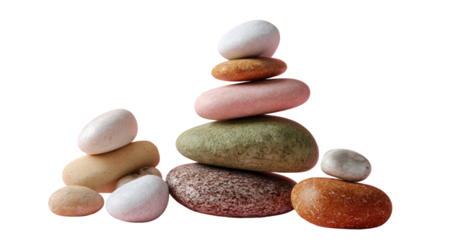 Stone Tower of Balance: A serene composition showcases a delicate tower of polished stones, each a unique hue, embodying harmony and equilibrium. It's a visual metaphor for peace and mindfulness.