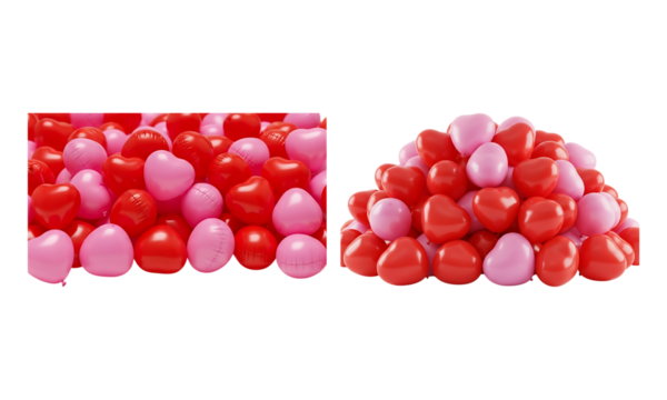 Heap of romantic red and pink heart balloons for celebration isolated on transparent background