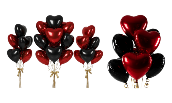 Red and black heart balloons bouquets with golden ribbons isolated on transparent background