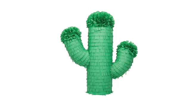 Green paper cactus pi?ata with fringed arms and top isolated on a transparent background