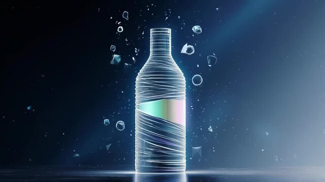 A glowing, ethereal bottle bursts with shards against a dark blue background