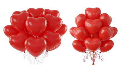 Pair of glossy red heart balloons for romantic festive moments isolated on transparent background