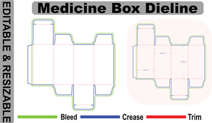 Editable resizable tall medicine box dieline – professional pharmaceutical folding carton die cut layout with bleed trim and crease lines – print ready vector packaging template