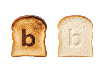 Toasted and untoasted bread slices with letter 'b' imprint, isolated on transparent background