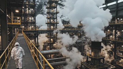 Industrial worker in protective suit on catwalk amidst steam at large manufacturing facility