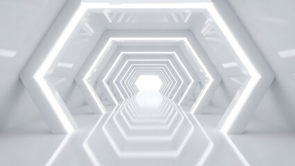 Futuristic white hexagonal tunnel with glowing light stripes