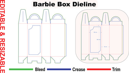 Editable resizable toy handle box dieline – hanging retail doll packaging die cut layout with window, bleed, trim and crease lines – vector folding carton template for print ready design
