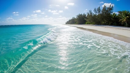 Beautiful turquoise ocean waves rolling onto a pristine white sandy beach under a clear blue sky