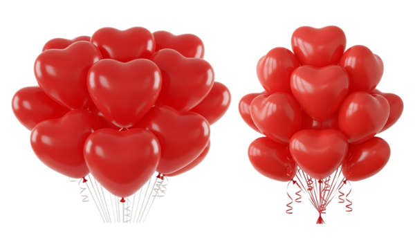 Pair of glossy red heart balloons for romantic festive moments isolated on transparent background