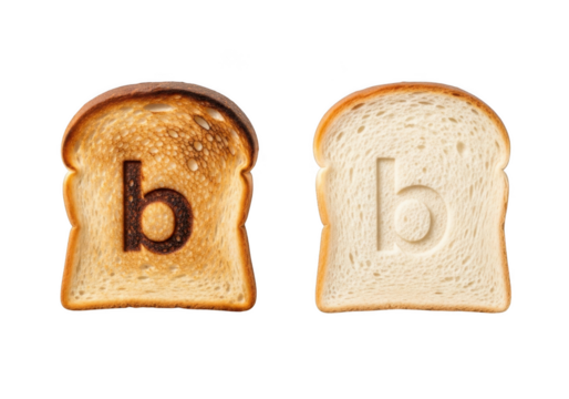 Toasted and untoasted bread slices with letter 'b' imprint, isolated on transparent background