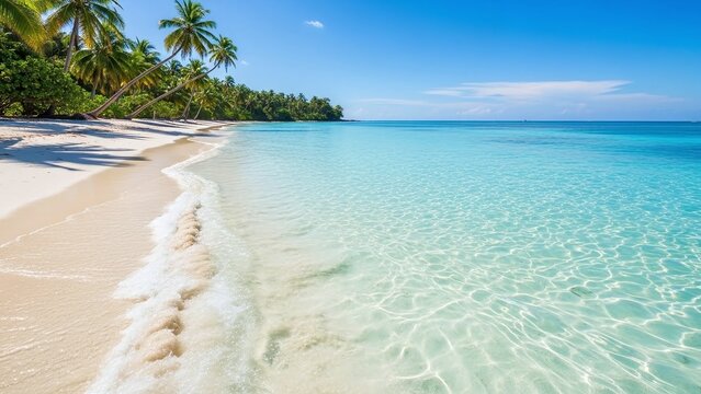 Crystal clear turquoise ocean water gently lapping on a tropical white sand beach with lush green palm trees lining the shore under a bright blue sky