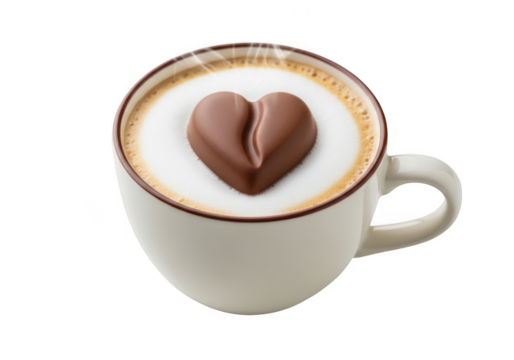 Warm cappuccino with chocolate heart on foam, isolated on transparent background