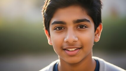 Young Boy Smiling Outdoors in Natural Light with Bright Expression