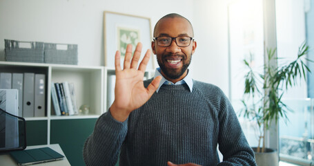 Black man, video call and pov at office with wave, smile and online consulting at investment company. African person, financial advisor and portrait with greeting, virtual meeting or hello at agency © SiphosethuFan/peopleimages.com
