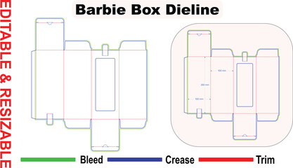 Editable resizable toy doll packaging box dieline – vertical window retail carton die cut layout with bleed trim and crease lines – professional vector template for print ready folding box design