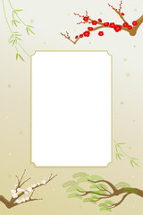 Horizontal Japanese Background with Pine Bamboo Plum and Gold Foil