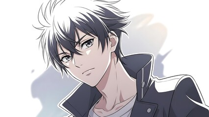 Young Male Anime Character with Spiky White and Black Hair Wearing Modern Jacket