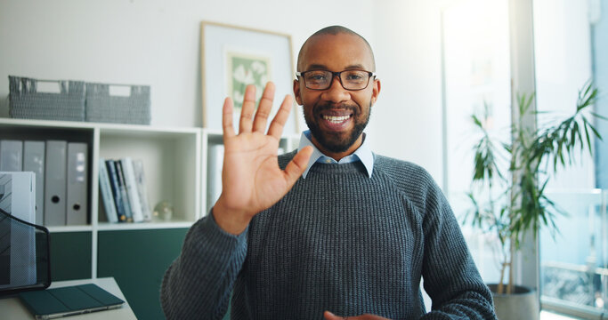 Black man, video call and pov at office with wave, smile and online consulting at investment company. African person, financial advisor and portrait with greeting, virtual meeting or hello at agency